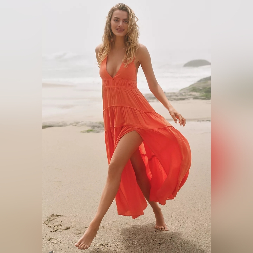 Anthropologie Celandine  Plunge Halter Orange Midi Dress Cover-up 100% Cotton